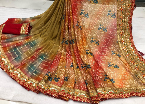 Staggering Festive Wear Moss Chiffon Designer Bandhani Gotta Patti Banarasi Weaving Border Work Saree Blouse