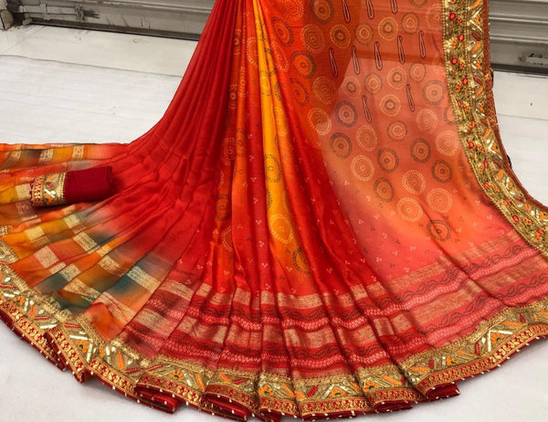Staggering Festive Wear Moss Chiffon Designer Bandhani Gotta Patti Banarasi Weaving Border Work Saree Blouse