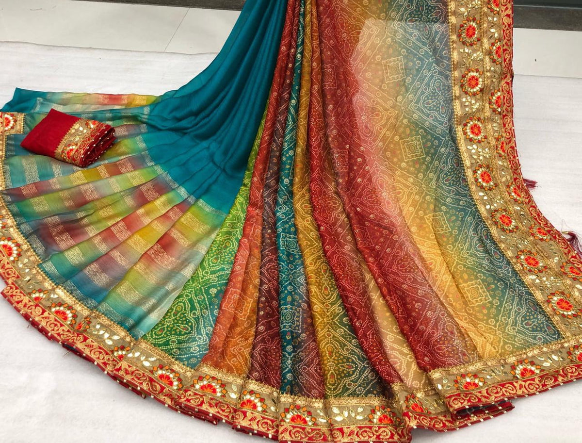 Staggering Festive Wear Moss Chiffon Designer Bandhani Gotta Patti Banarasi Weaving Border Work Saree Blouse