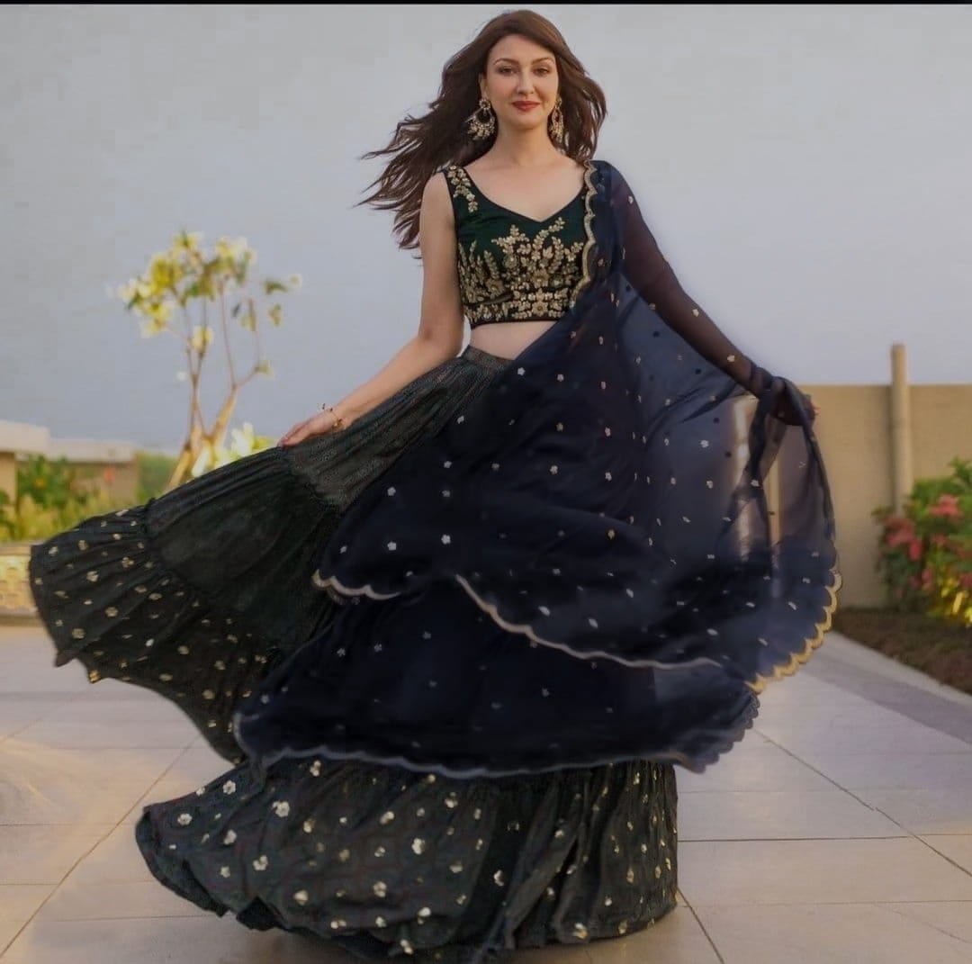 Party Wear Dark Blue Color Designer Taffeta Sequence With Digital Printed Wedding Wear Lehenga Choli