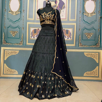 Party Wear Dark Blue Color Designer Taffeta Sequence With Digital Printed Wedding Wear Lehenga Choli