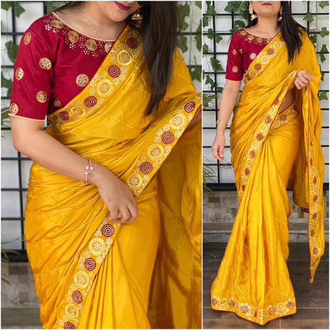 Absorbing Yellow Color Indian Wear Sequence Thread Work Lace Beautiful Crape Silk Saree Blouse For Women