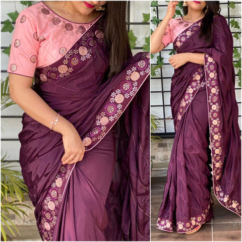 Adicting Wine Color Fancy Thread Sequence Work Lace Silk Crape Design Saree Blouse For Occasion Wear