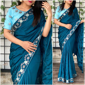 Astonishing Blue Color Stunning Crape Silk Designer Sequence Thread Work Lace Beautiful Saree Blouse