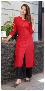 Breath-taking Red Color Latest Rayon Fancy Printed Full Stitched Plazo Kurti