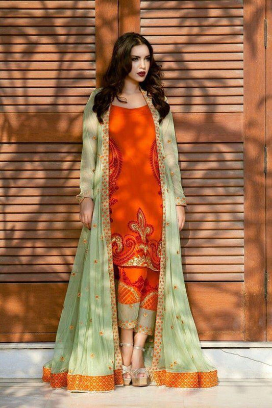 Captivation Orange Color Stylish Georgette Full Stitched Embroidered Work Indo Western Suit