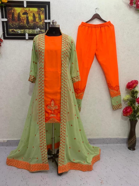 Captivation Orange Color Stylish Georgette Full Stitched Embroidered Work Indo Western Suit