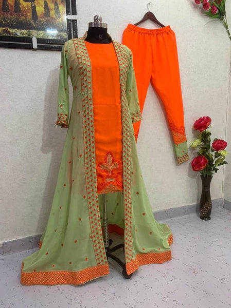Captivation Orange Color Stylish Georgette Full Stitched Embroidered Work Indo Western Suit