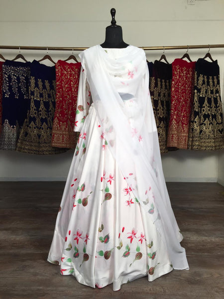 Fashionable White Color Magnetic Floral Printed Satin Festive Wear Designer Lehenga Choli