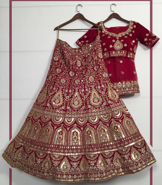 Absolute Maroon Color Wedding Wear Velvet Designer Sequence Thread Stone Zari Embroidered Work Lehenga Choli
