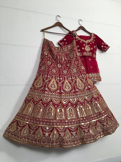 Absolute Maroon Color Wedding Wear Velvet Designer Sequence Thread Stone Zari Embroidered Work Lehenga Choli