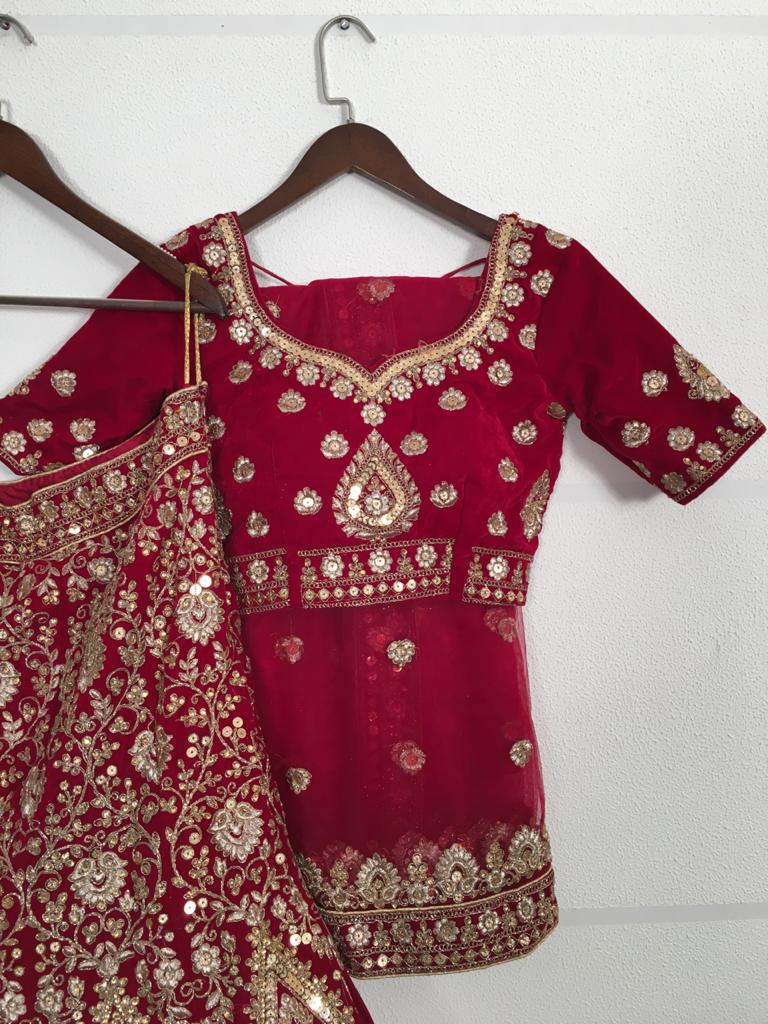 Absolute Maroon Color Wedding Wear Velvet Designer Sequence Thread Stone Zari Embroidered Work Lehenga Choli