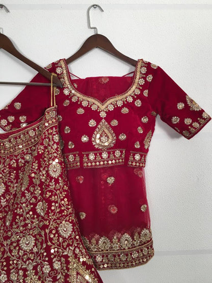Absolute Maroon Color Wedding Wear Velvet Designer Sequence Thread Stone Zari Embroidered Work Lehenga Choli