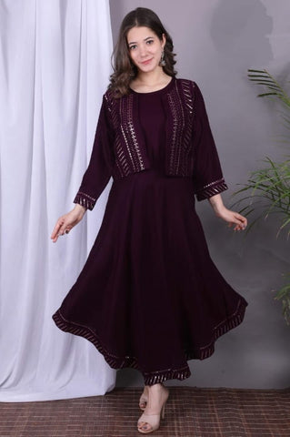 Lovely Wine Color Festive Wear Rayon Sequence Work Ready Made Jacket Kurti Design