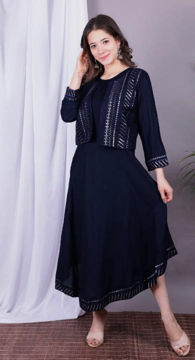 Trendy Navy Blue Function Wear Full Stitched Rayon Sequence Work Kurti Jacket Style