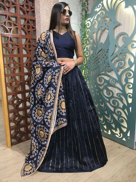 Fantastic Navy Blue Color Designer Phantom Silk Embroidered Zari Work Lehenga