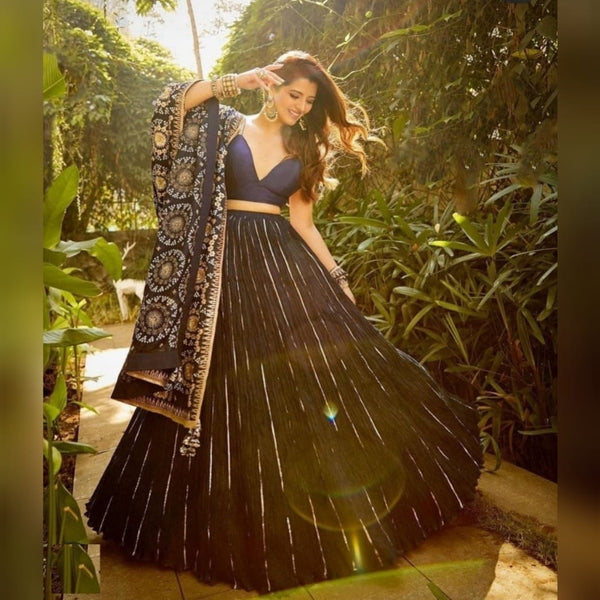 Fantastic Navy Blue Color Designer Phantom Silk Embroidered Zari Work Lehenga