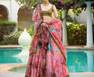 Pink Color Stylish Organza Sequence Work Lace With Digital Printed Lehenga For Party Wear