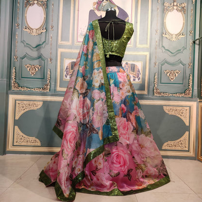 Pink Color Stylish Organza Sequence Work Lace With Digital Printed Lehenga For Party Wear