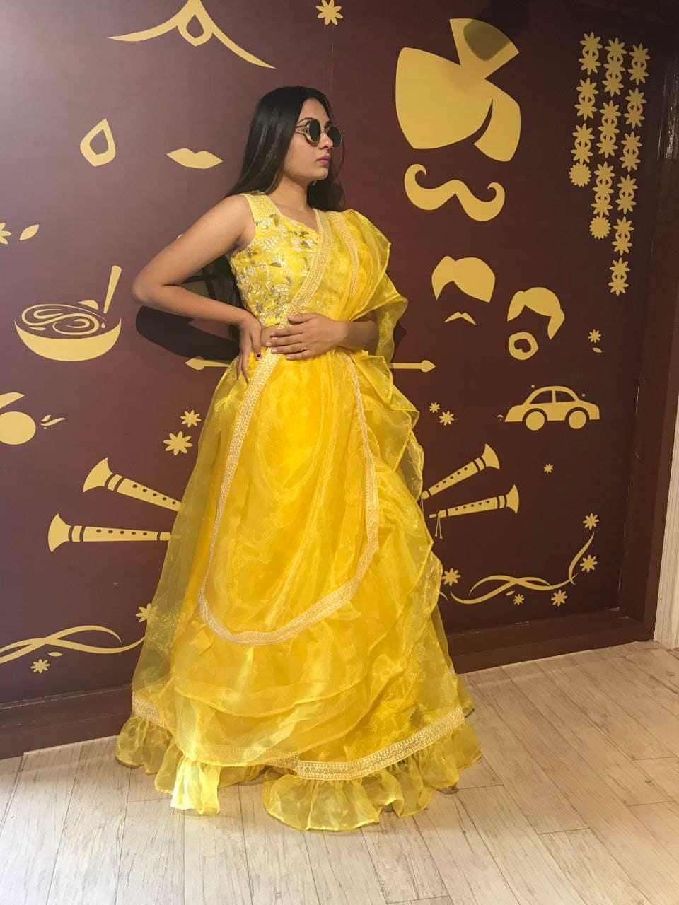 Stupendous Yellow Color Ruffle Designer Organza Embroidered Work Lehenga Choli For Women