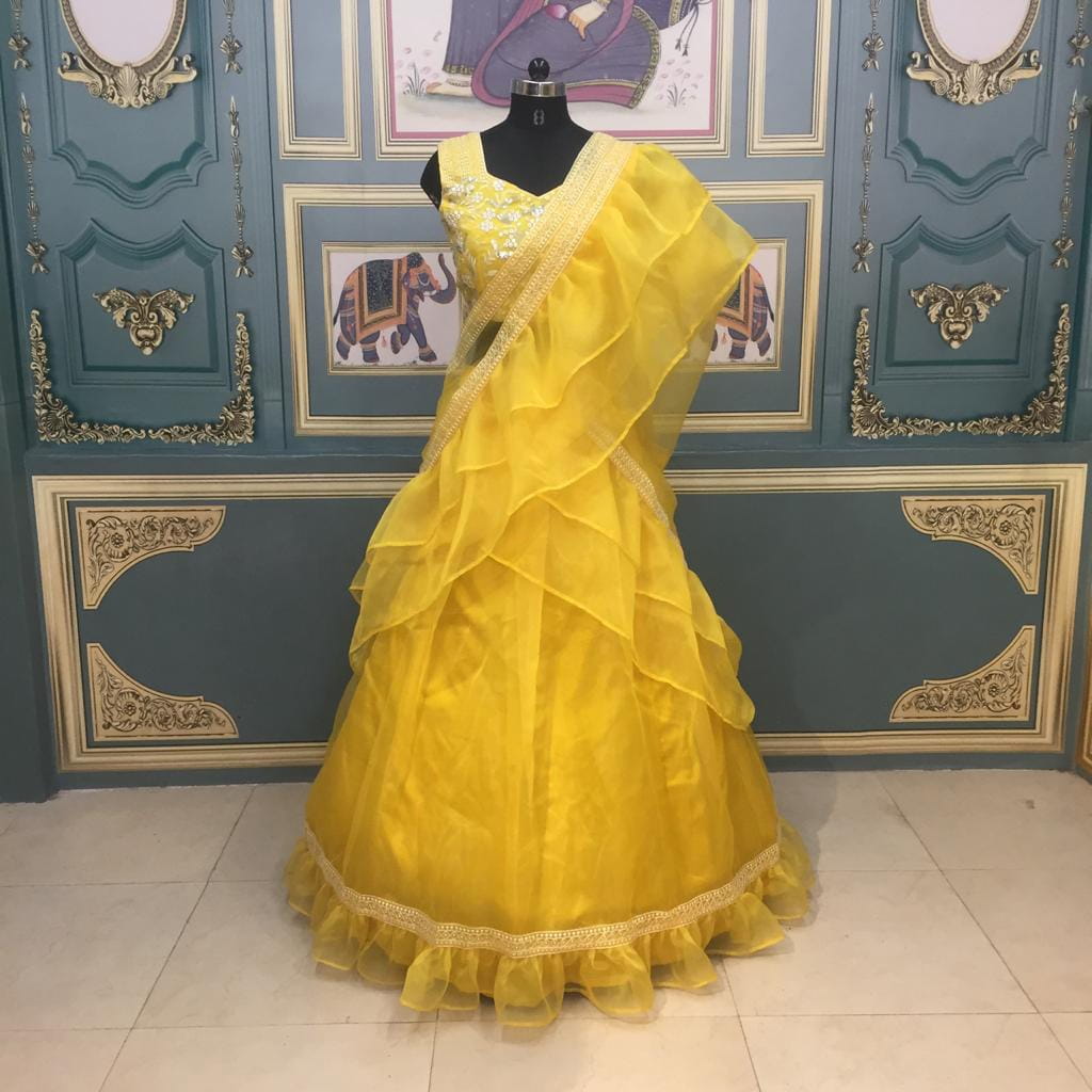 Stupendous Yellow Color Ruffle Designer Organza Embroidered Work Lehenga Choli For Women