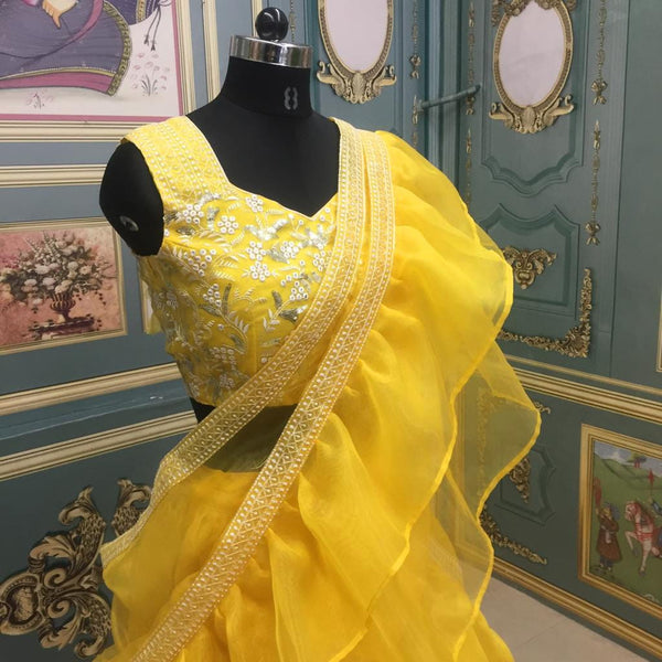 Stupendous Yellow Color Ruffle Designer Organza Embroidered Work Lehenga Choli For Women