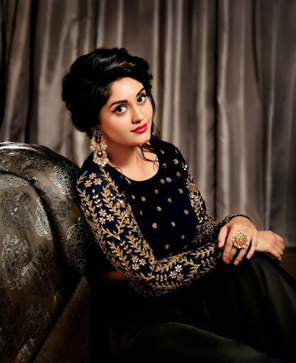 Attractive Black Color Taffeta Silk Embroidered Work Full Stitched Gown For Women