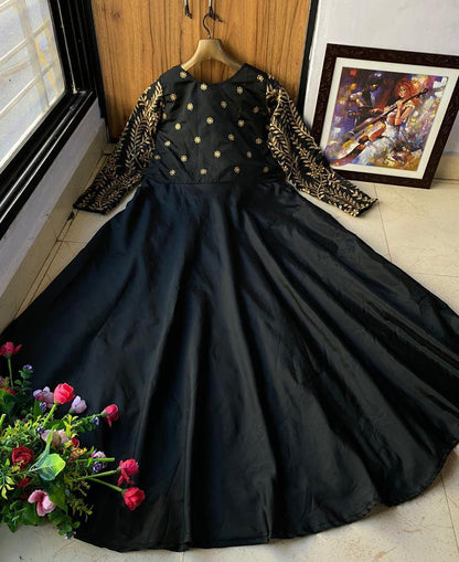 Attractive Black Color Taffeta Silk Embroidered Work Full Stitched Gown For Women