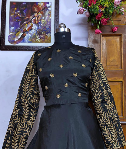 Attractive Black Color Taffeta Silk Embroidered Work Full Stitched Gown For Women