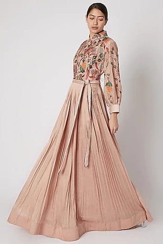 Alluring Beige Color Silk Designer Long Digital Printed Fancy Gown For Festive Wear