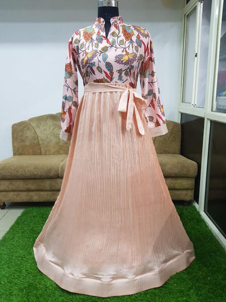 Alluring Beige Color Silk Designer Long Digital Printed Fancy Gown For Festive Wear