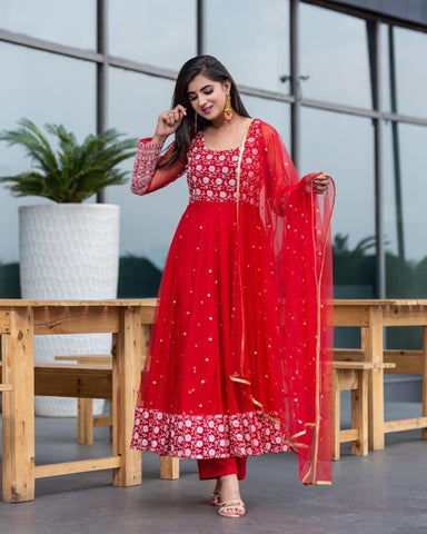 Gleaming Red Color Full Stitched Georgette Designer Embroidered Work Wedding Wear