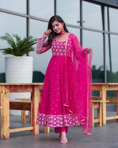 Functin Wer Rani Pink Color Ready Made Embroidered Work Georgette Salwar Suit