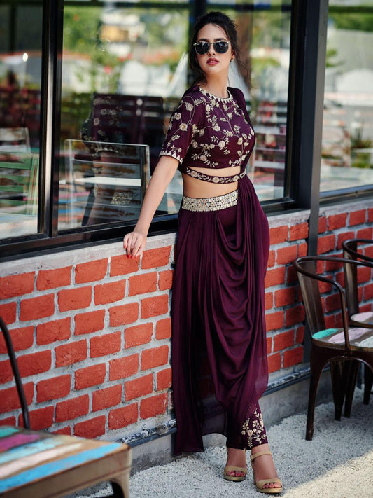 Wine Color Georgette Kasturi Silk Designer Zari Work Belt Style Saree Blouse