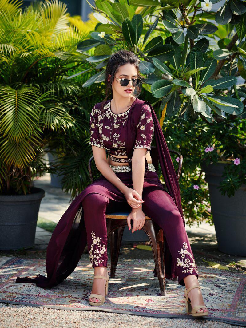 Wine Color Georgette Kasturi Silk Designer Zari Work Belt Style Saree Blouse