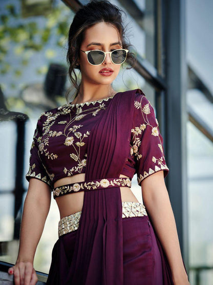 Wine Color Georgette Kasturi Silk Designer Zari Work Belt Style Saree Blouse