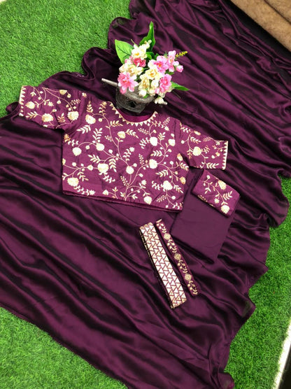Wine Color Georgette Kasturi Silk Designer Zari Work Belt Style Saree Blouse
