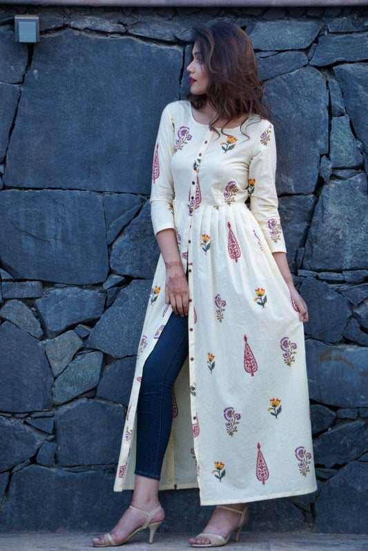 Sophisticated Off White Color Designer Festive Wear Full Stitched Crape Digital Printed With Button Kurti