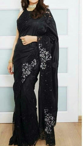 Good-looking Black Color Designer Satin Silk Cotton Thread Viscos Embroidered Diamond Work All Over Saree Blouse For Wedding Wear