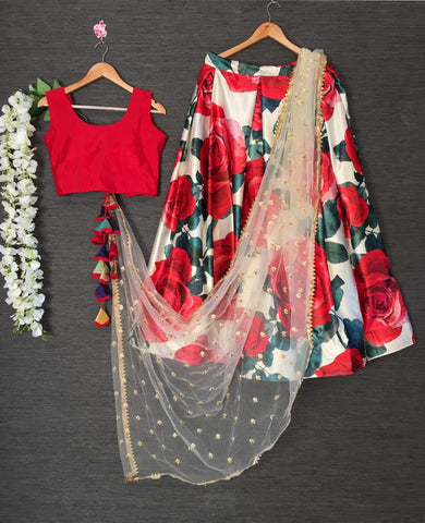 Alluring Red Color Wedding Wear Ready Made Zari Satin Silk Printed Designer Lehenga Choli