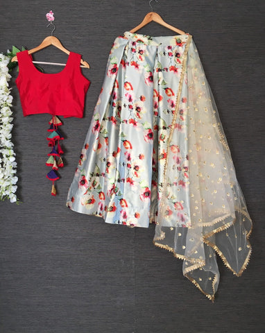 Gorgeous Multi Color Designer Zari Satin Silk Printed Full Stitched Function Wear Lehenga Choli