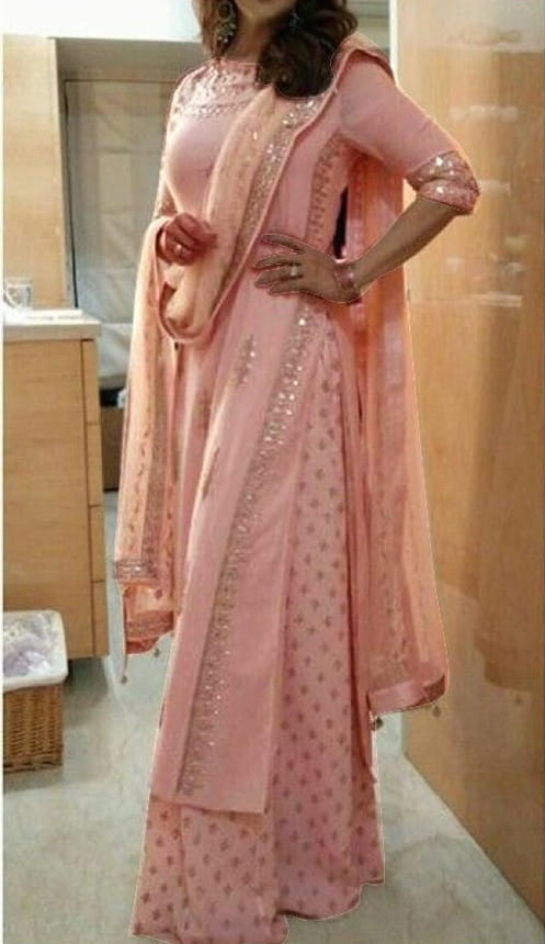 Fabulous Peach Color Festive Wear Ready Made Georgette Zari Embroidered Work Plazo Salwar Suit