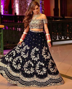 Sizzling Navy Blue Color Wedding Wear Tapetta Velvet Embroidered Work Lehenga Choli