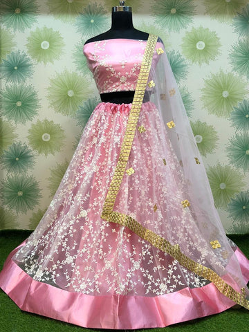 Wedding Wear Light Pink Color Thread Embroidered Work Soft Net Designer Lehenga Choli For Women