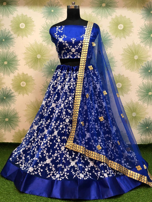 Flattering Dark Blue Color Party Wear Heavy Net Embroidered Thread Work Lehenga Choli