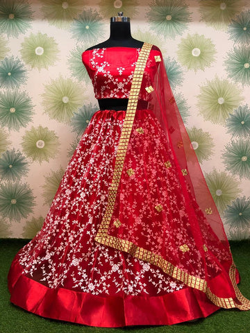 Magnetic Red Color Embroidered Thread Work Heavy Net Function Wear Lehenga Choli