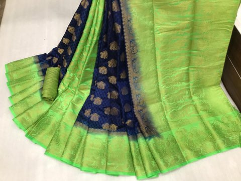 Dazzling Light Green Color Jalar Design Rich Pallu Nylon Silk Dying Material Saree Blouse For Function Wear