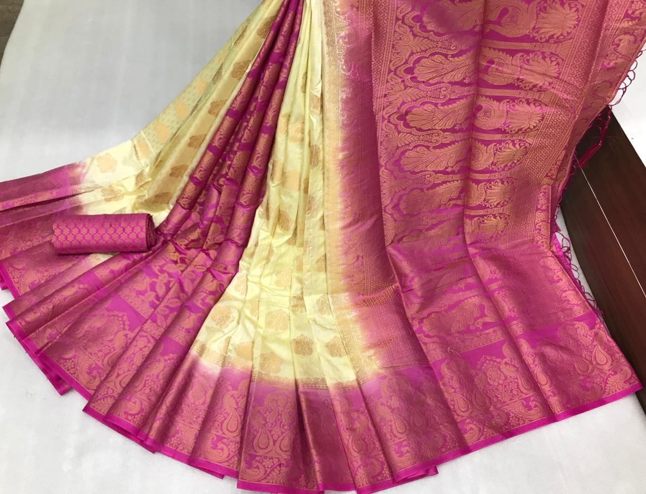 Function Wear Fuchia Pink Color Designer Nylon Silk Dying Material Jalar Rich Pallu Saree Blouse For Women