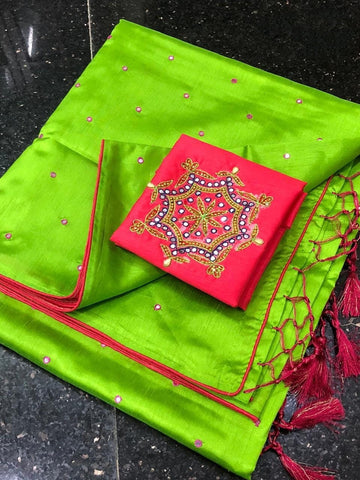 Adorable Light Green Color Festive Wear Designer Mirror Hand Made Button Contrast Piping Work Silk Saree Blouse