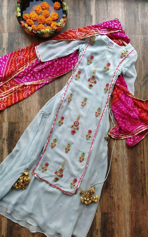Tremendously Light Blue Color Full Stitched Wedding Wear Designer Georgette Thread Codding Embroidered Work Plazo Salwar Suit